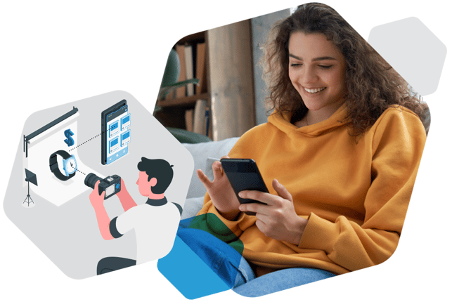 retail consumer engaged in shopping on mobile device, illustration of product photography